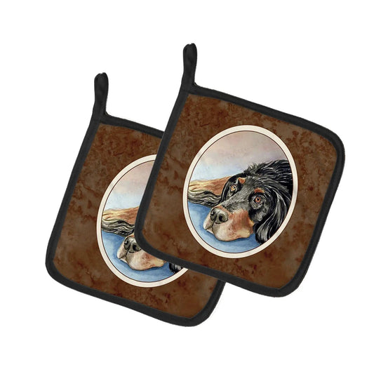 Pot Holder Set of 2 | Heat Resistant Quilted Hot Pads | 7.5 x 7.5 Inch | Gordon Setter Waiting on Mom