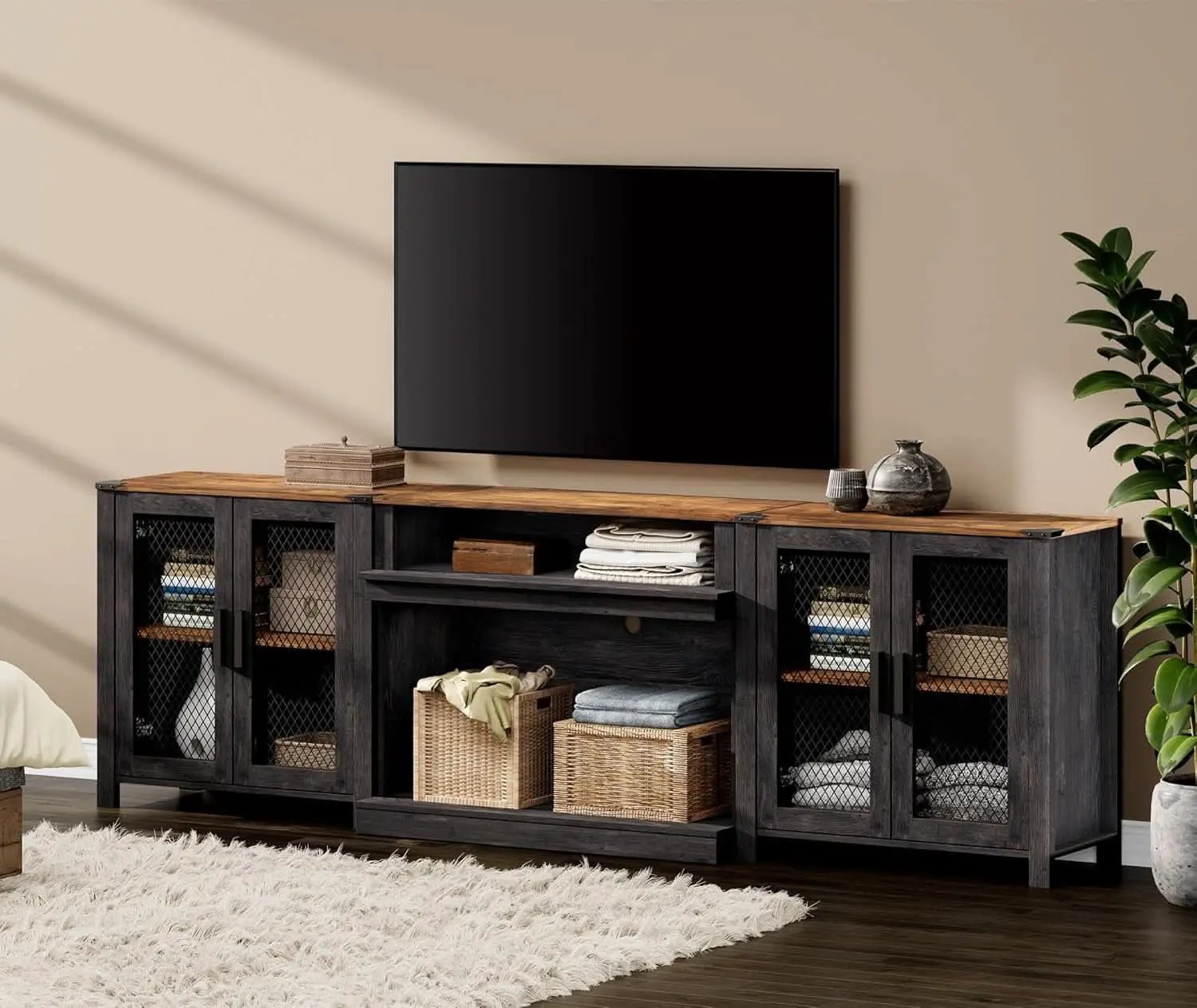 Two In One 100 Inch TV Stand Farmhouse Entertainment Center Dark Walnut And Black from PriceLows™