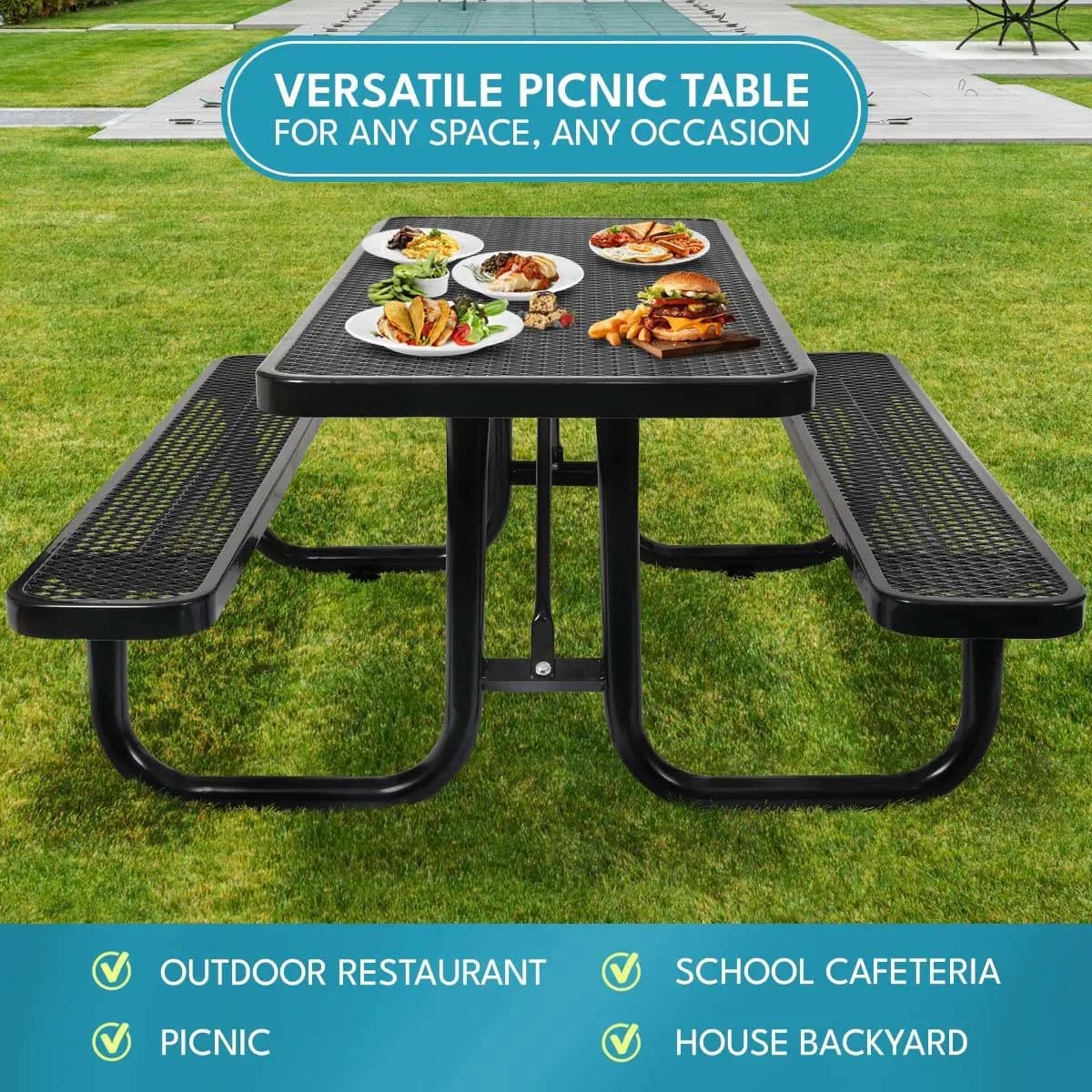 Outdoor Steel Picnic Rectangular Table With Umbrella Pole | 3 Pieces | Steel & Metal | Dining Room