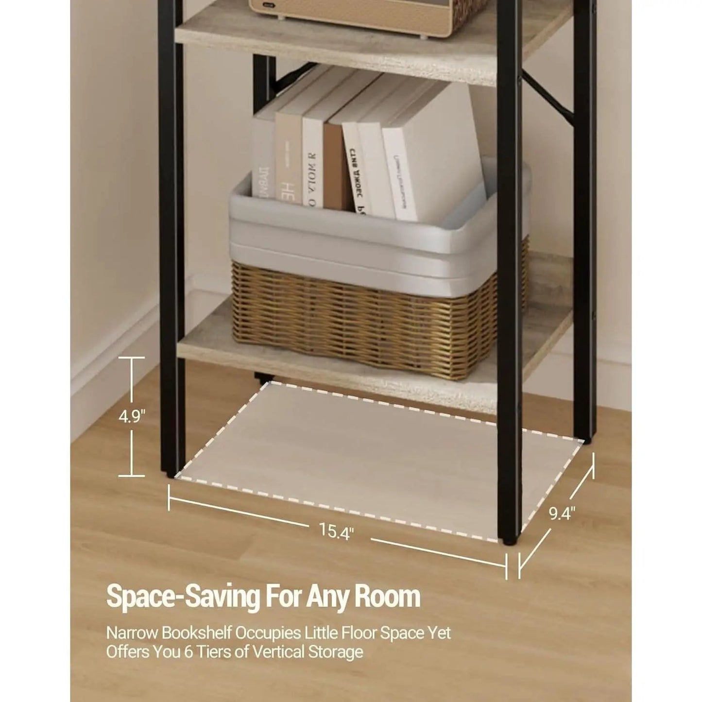 Greige Six Tier Narrow Bookshelf With Two Hooks Industrial from PriceLows™
