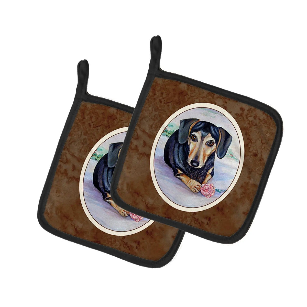 Pot Holder Set of 2 | Heat Resistant Quilted Hot Pads | 7.5 x 7.5 Inch | Black and Cream Dachshund