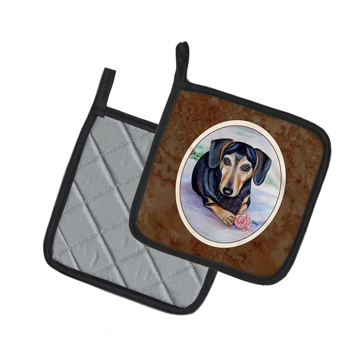 Pot Holder Set of 2 | Heat Resistant Quilted Hot Pads | 7.5 x 7.5 Inch | Black and Cream Dachshund
