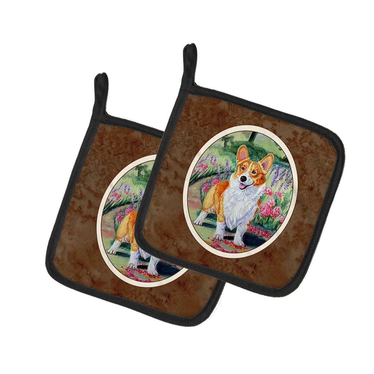 Pot Holder Set of 2 | Heat Resistant Quilted Hot Pads | 7.5 x 7.5 Inch | Pembroke Corgi Springtime