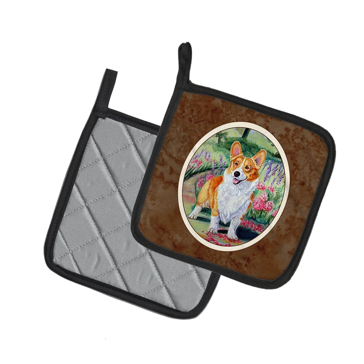 Pot Holder Set of 2 | Heat Resistant Quilted Hot Pads | 7.5 x 7.5 Inch | Pembroke Corgi Springtime