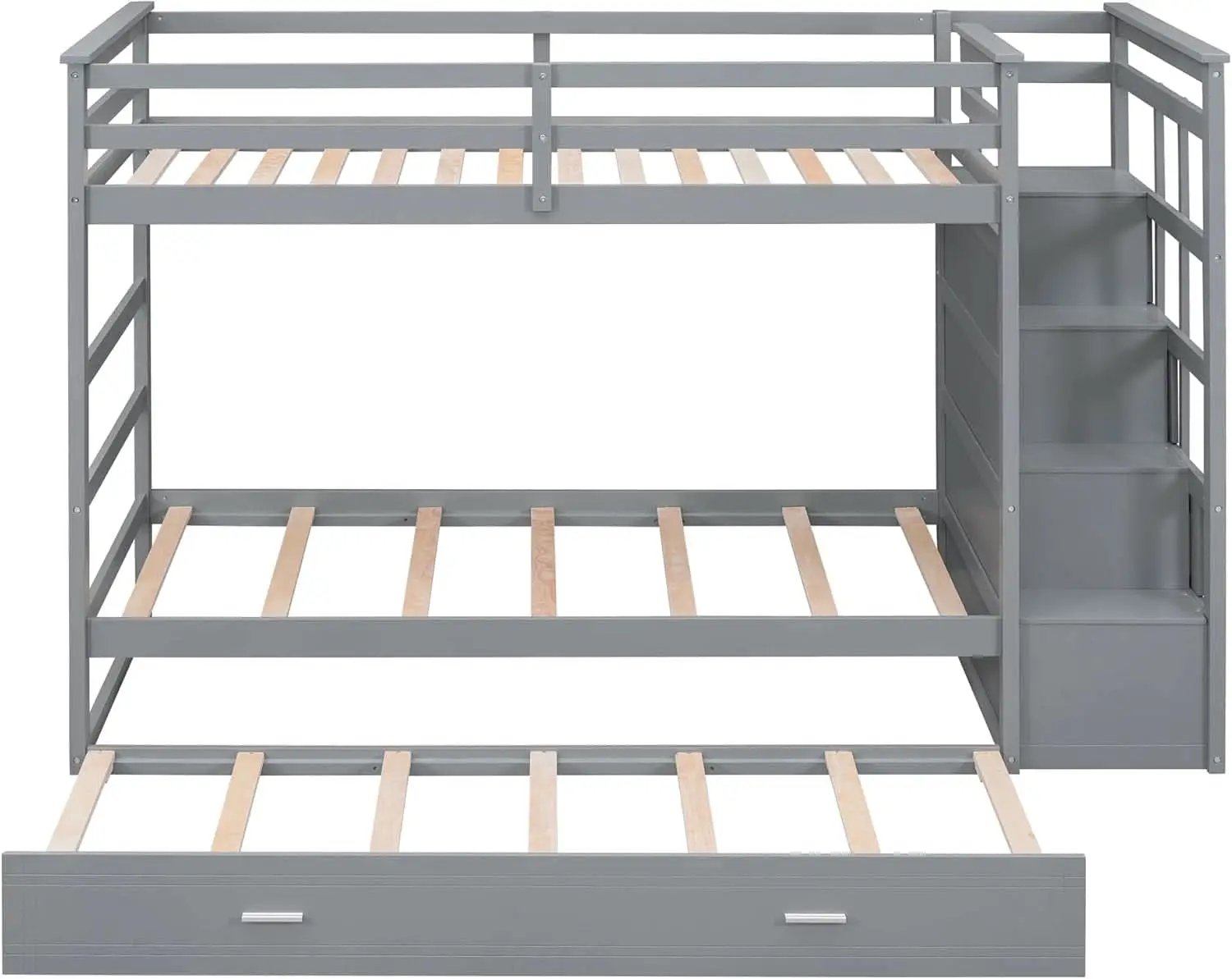 Natural Gray Twin Bunk Bed With Trundle And Stairs from PriceLows™