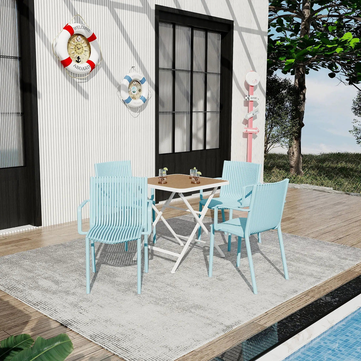 4 Modern Stackable Plastic Armchair Matched With Folding Square Table 5 Piece | 5 Piece Outdoor Set | Metal | Outdoor Living
