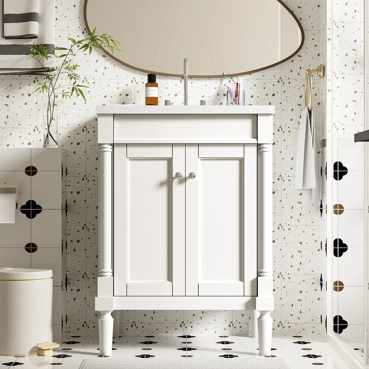 24 Inch Bathroom Vanity With Top Sink | 2 Tier Storage Cabinet | Retro Metal Handles | Soft-Closing Hinges