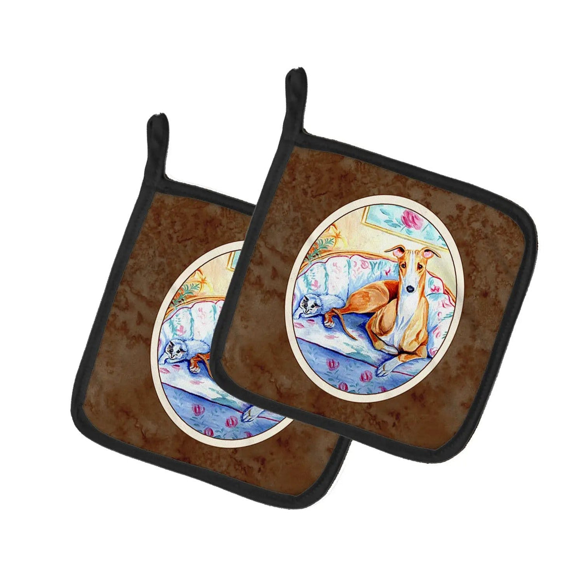 Pot Holder Set of 2 | Heat Resistant Quilted Hot Pads | 7.5 x 7.5 Inch | Whippet Waiting on you