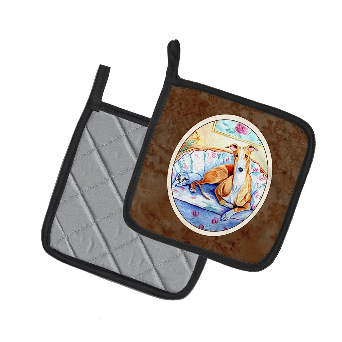 Pot Holder Set of 2 | Heat Resistant Quilted Hot Pads | 7.5 x 7.5 Inch | Whippet Waiting on you