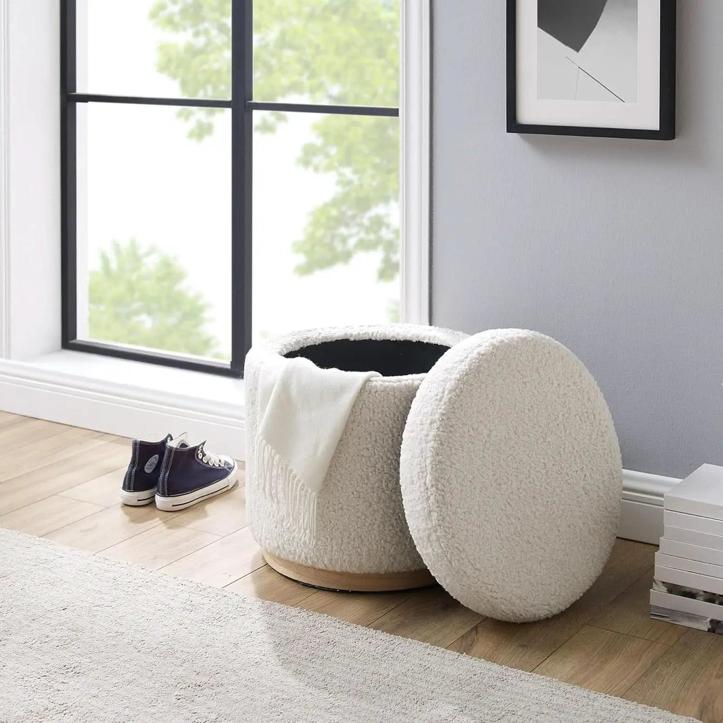 Cream Sherpa Deluxe Storage Ottoman Solidwood Base from PriceLows™