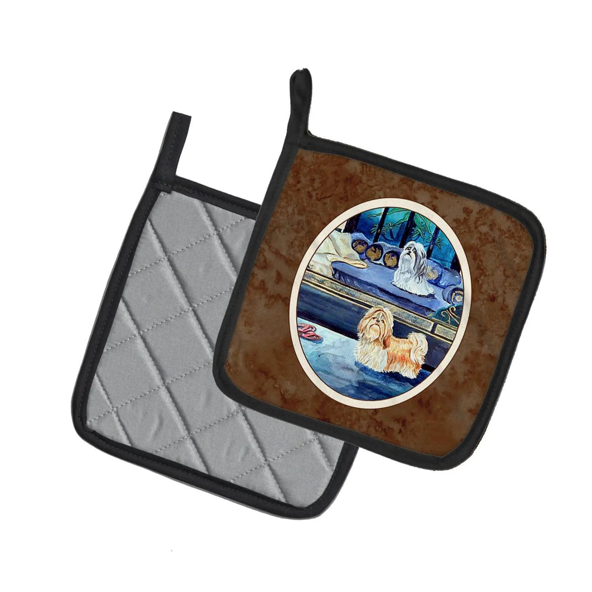 Pot Holder Set of 2 | Heat Resistant Quilted Hot Pads | 7.5 x 7.5 Inch | Shih Tzu Double Trouble