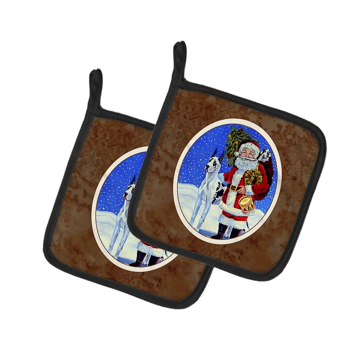Pot Holder Set of 2 | Heat Resistant Quilted Hot Pads | 7.5 x 7.5 Inch | Harlequin Great Dane with Santa Claus