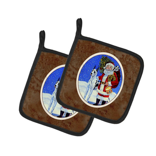 Pot Holder Set of 2 | Heat Resistant Quilted Hot Pads | 7.5 x 7.5 Inch | Harlequin Great Dane with Santa Claus