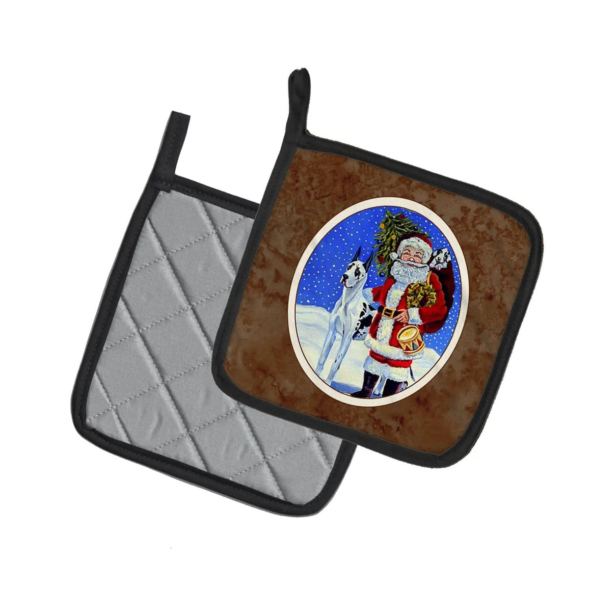 Pot Holder Set of 2 | Heat Resistant Quilted Hot Pads | 7.5 x 7.5 Inch | Harlequin Great Dane with Santa Claus