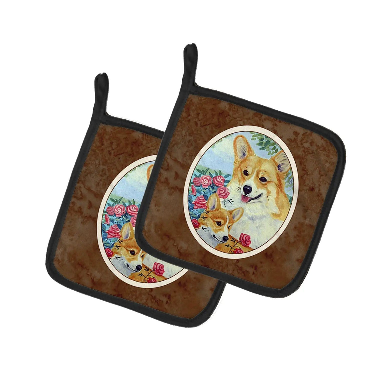 Pot Holder Set of 2 | Heat Resistant Quilted Hot Pads | 7.5 x 7.5 Inch | Corgi Momma loves Roses