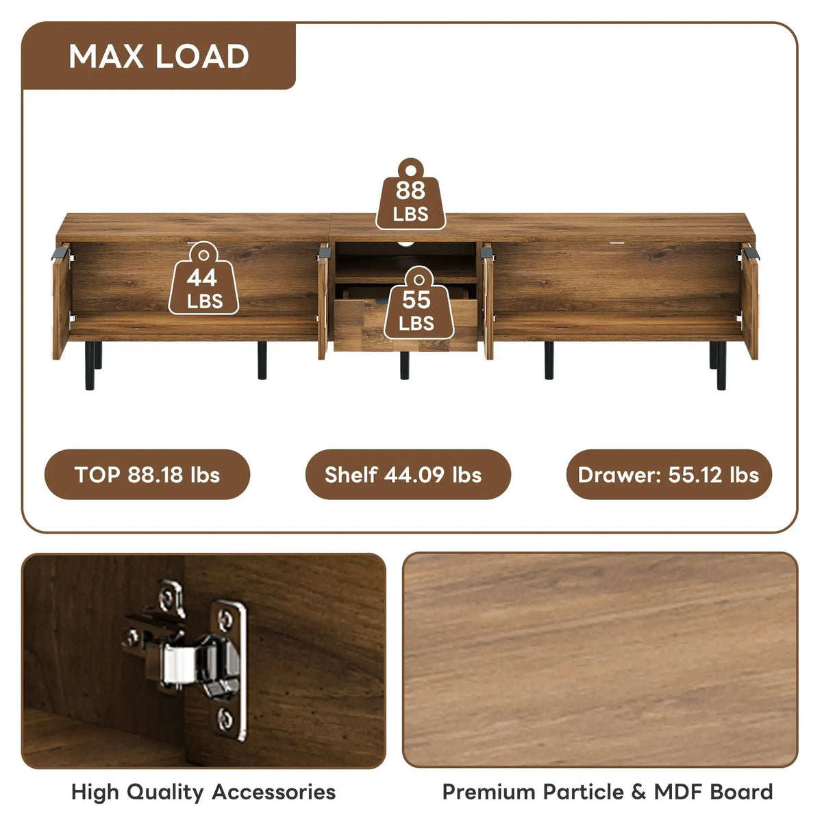 Natural TV Stand | L Shaped Handles | Checkered Design | Four Soft-Closing Cabinets
