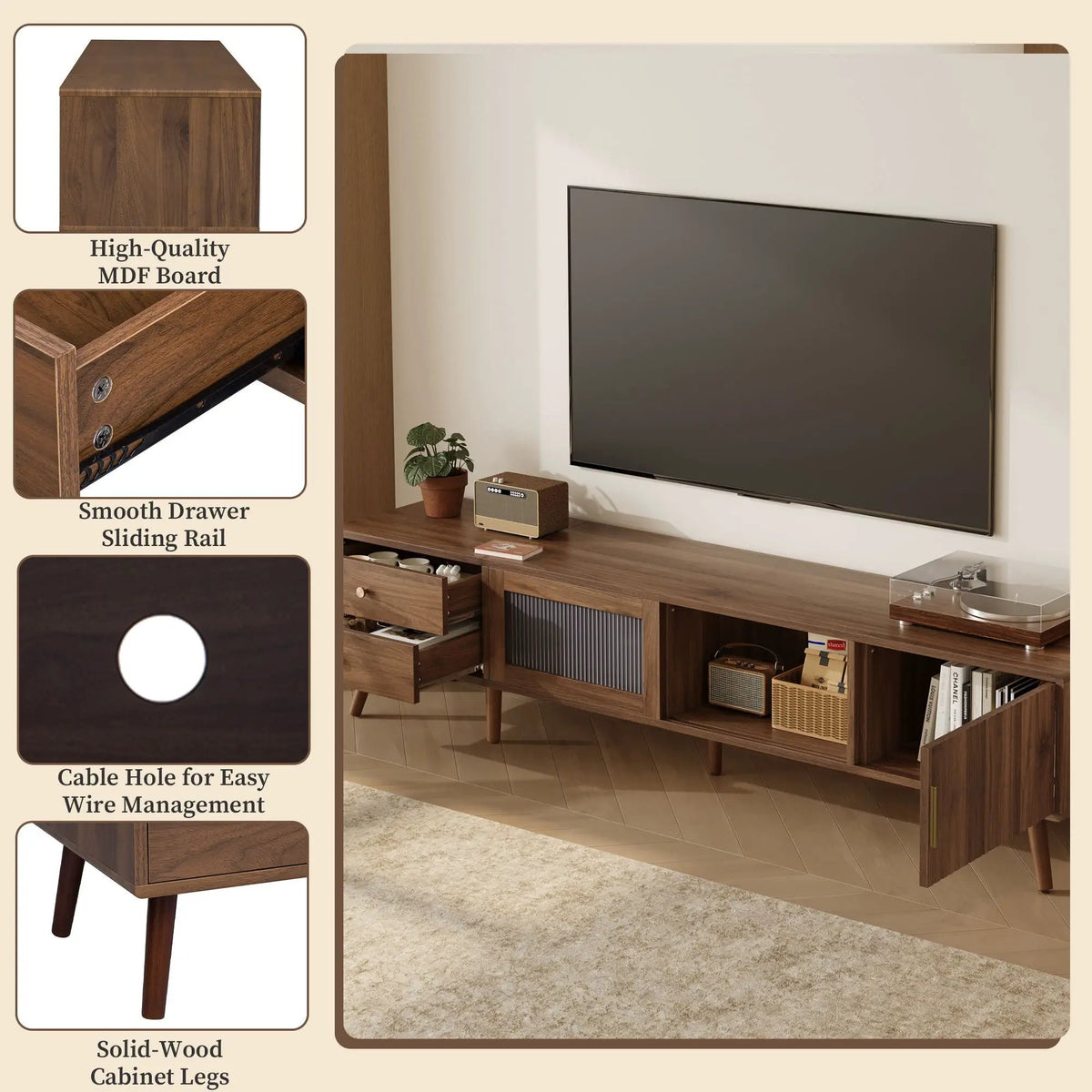 76 Inch TV Stand | Tempered Glass Doors | Two Deep Drawers | Natural Wood Legs