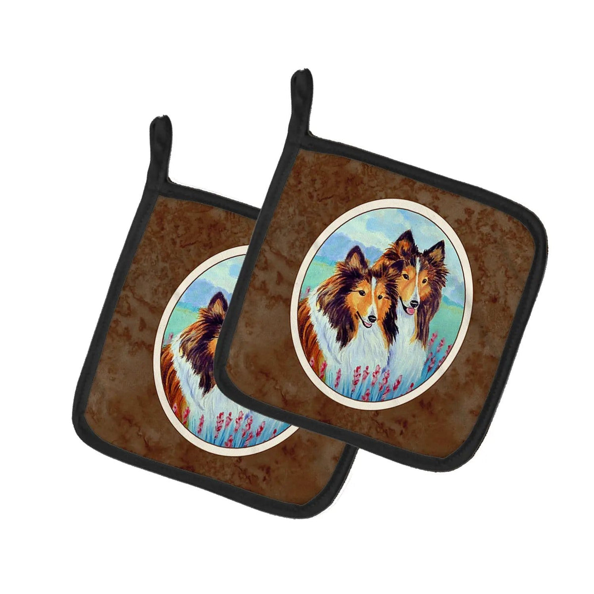 Pot Holder Set of 2 | Heat Resistant Quilted Hot Pads | 7.5 x 7.5 Inch | Sable Shelties Double Trouble