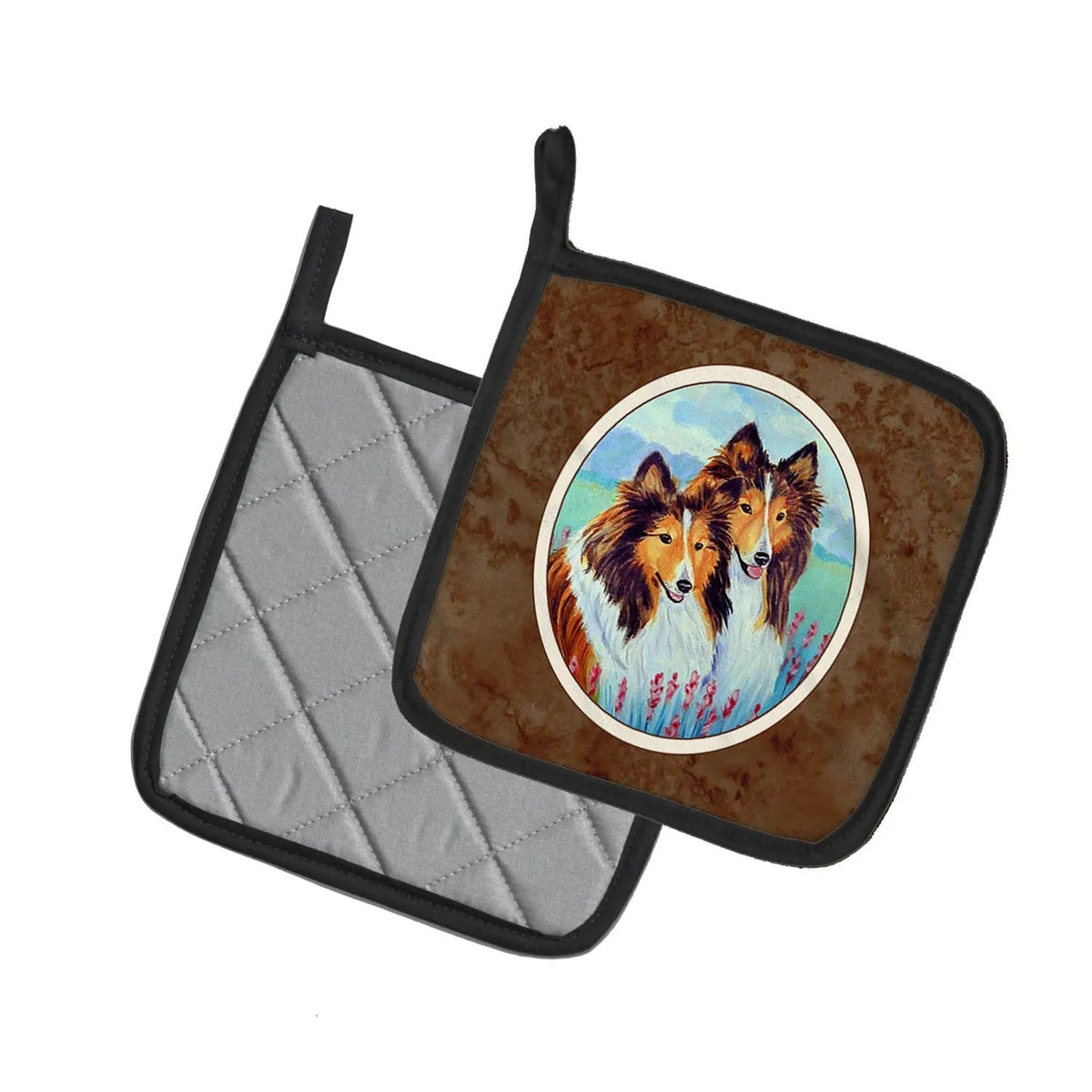 Pot Holder Set of 2 | Heat Resistant Quilted Hot Pads | 7.5 x 7.5 Inch | Sable Shelties Double Trouble