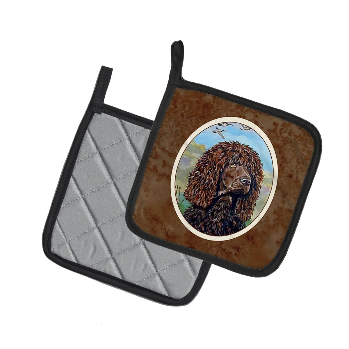 Pot Holder Set of 2 | Heat Resistant Quilted Hot Pads | 7.5 x 7.5 Inch | Irish Water Spaniel (Style 2)