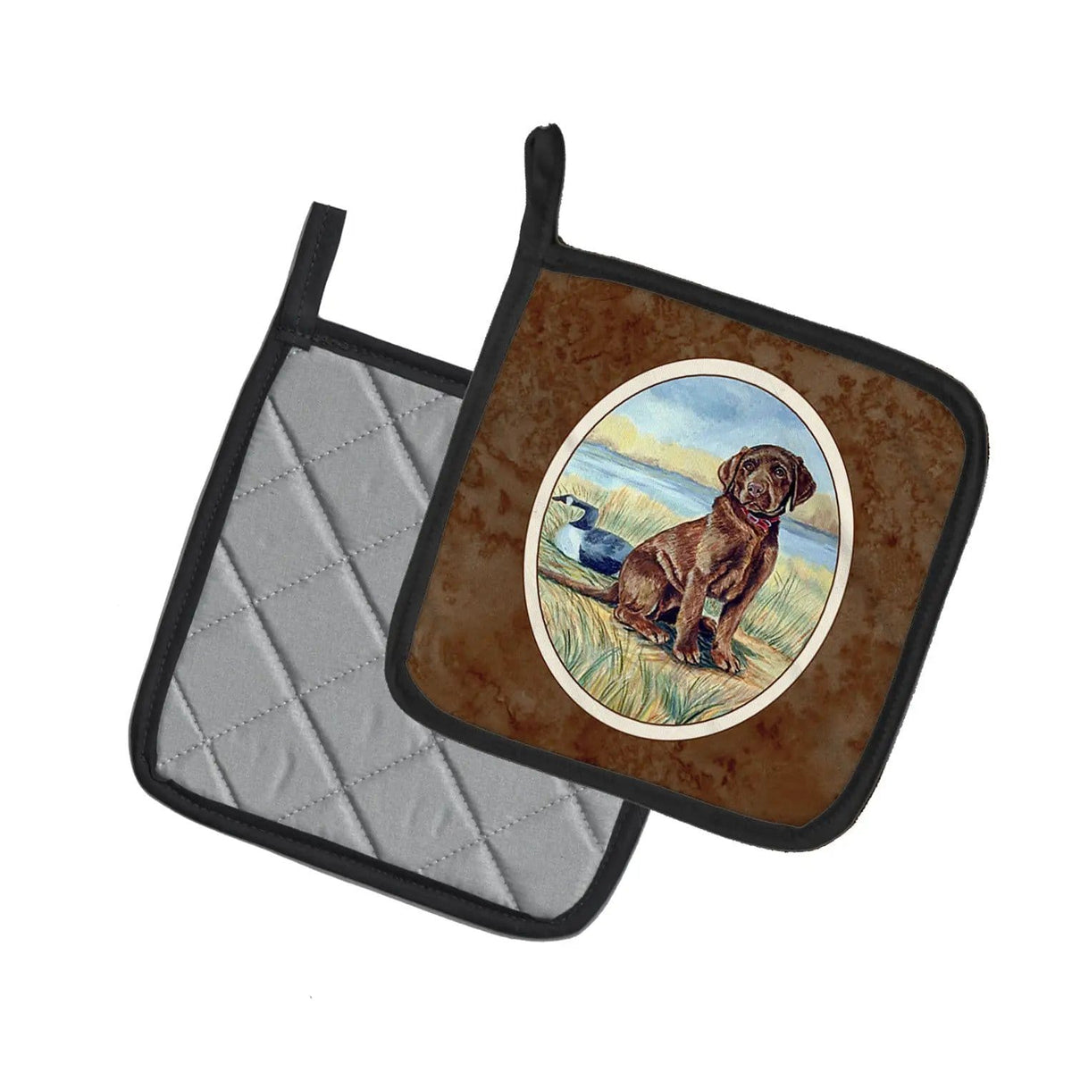 Pot Holder Set of 2 | Heat Resistant Quilted Hot Pads | 7.5 x 7.5 Inch | Chocolate Labrador Puppy