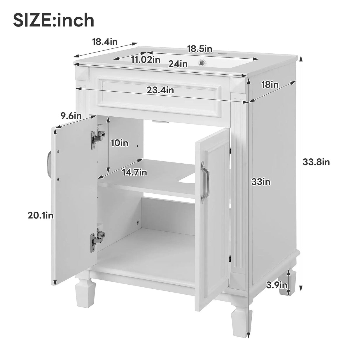 24 Inch Bathroom Vanity With Top Sink | Rubberwood Frame | 2 Soft Closing Doors | Glossy Ceramic Basin