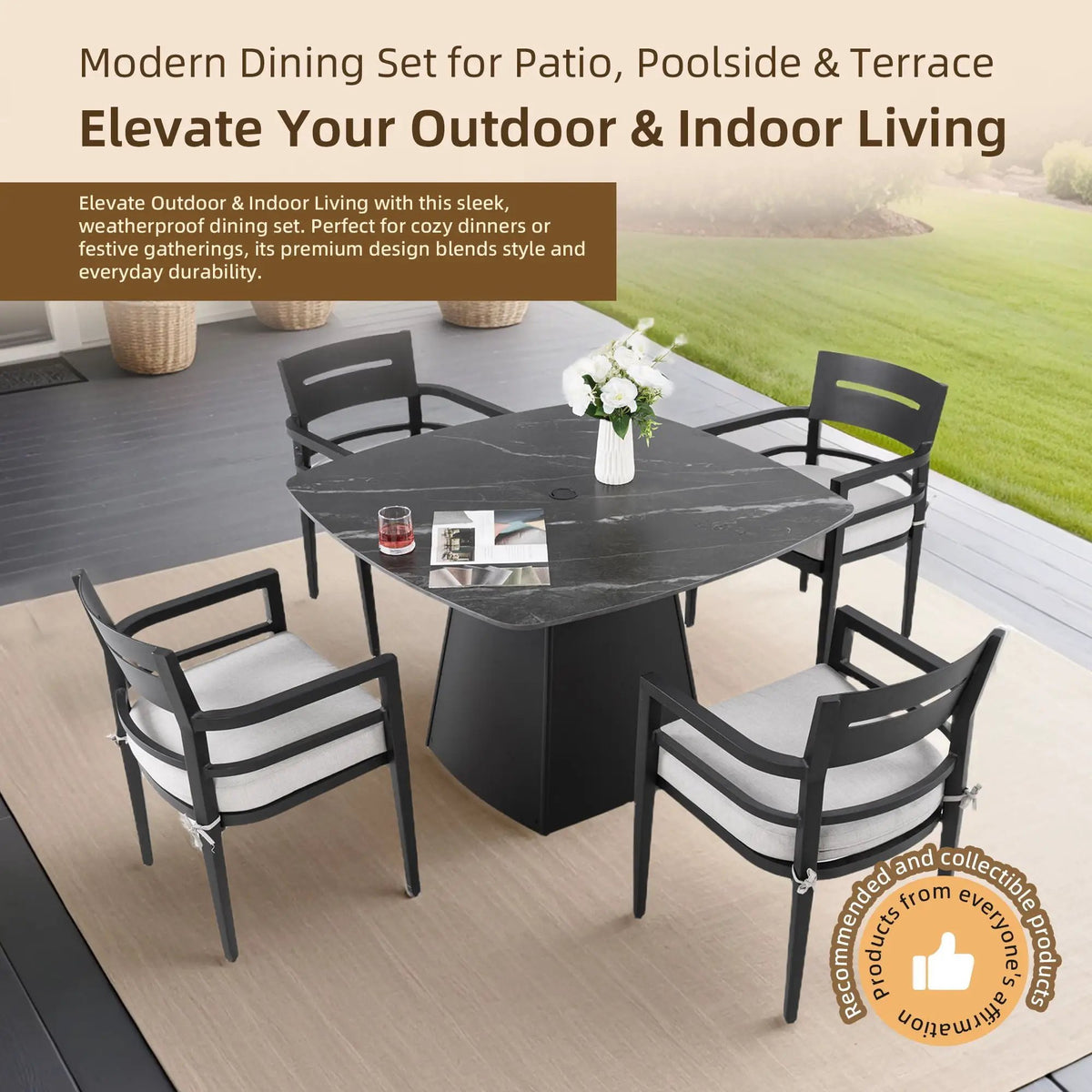 Outdoor Patio Dining Set | Squircle Sintered Stone Table | Sunbrella Cushion Chairs | Rust-Free Aluminum Frame