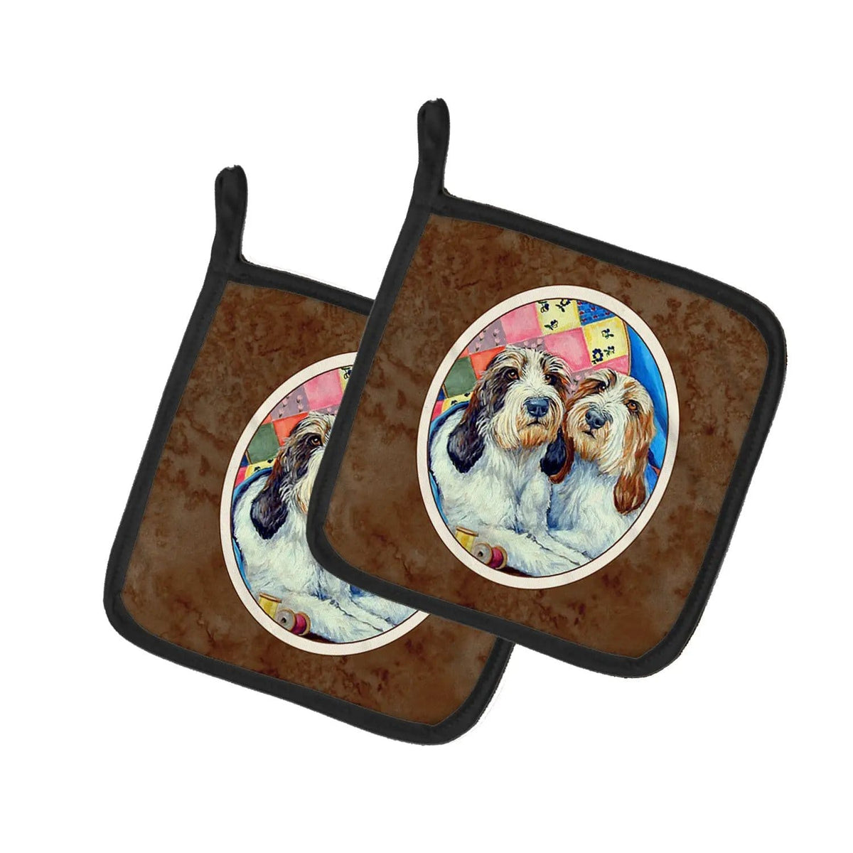 Pot Holder Set of 2 | Heat Resistant Quilted Hot Pads | 7.5 x 7.5 Inch | Petit Basset Griffon Vendeen (Style 2)
