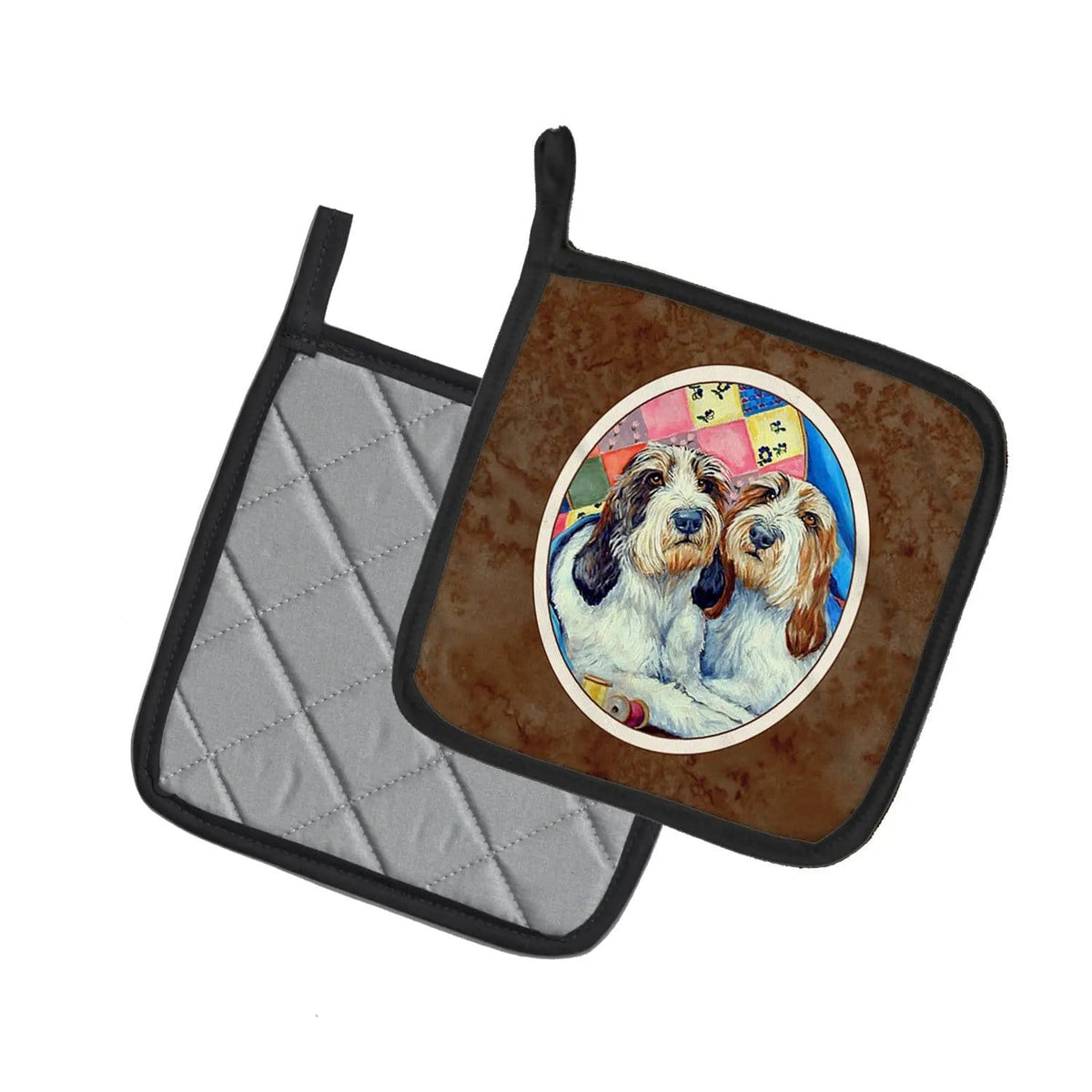 Pot Holder Set of 2 | Heat Resistant Quilted Hot Pads | 7.5 x 7.5 Inch | Petit Basset Griffon Vendeen (Style 2)