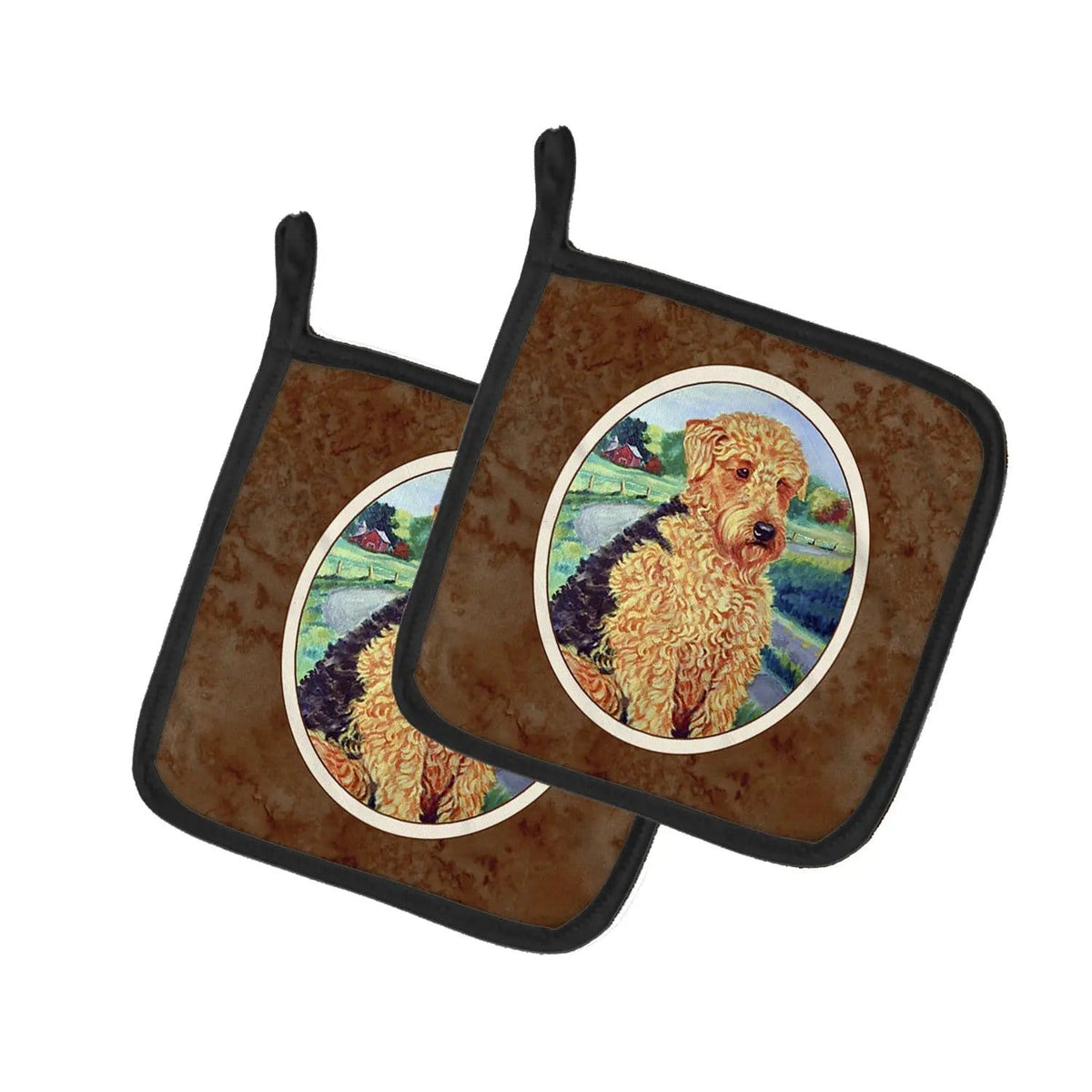 Pot Holder Set of 2 | Heat Resistant Quilted Hot Pads | 7.5 x 7.5 Inch | Airedale Terrier