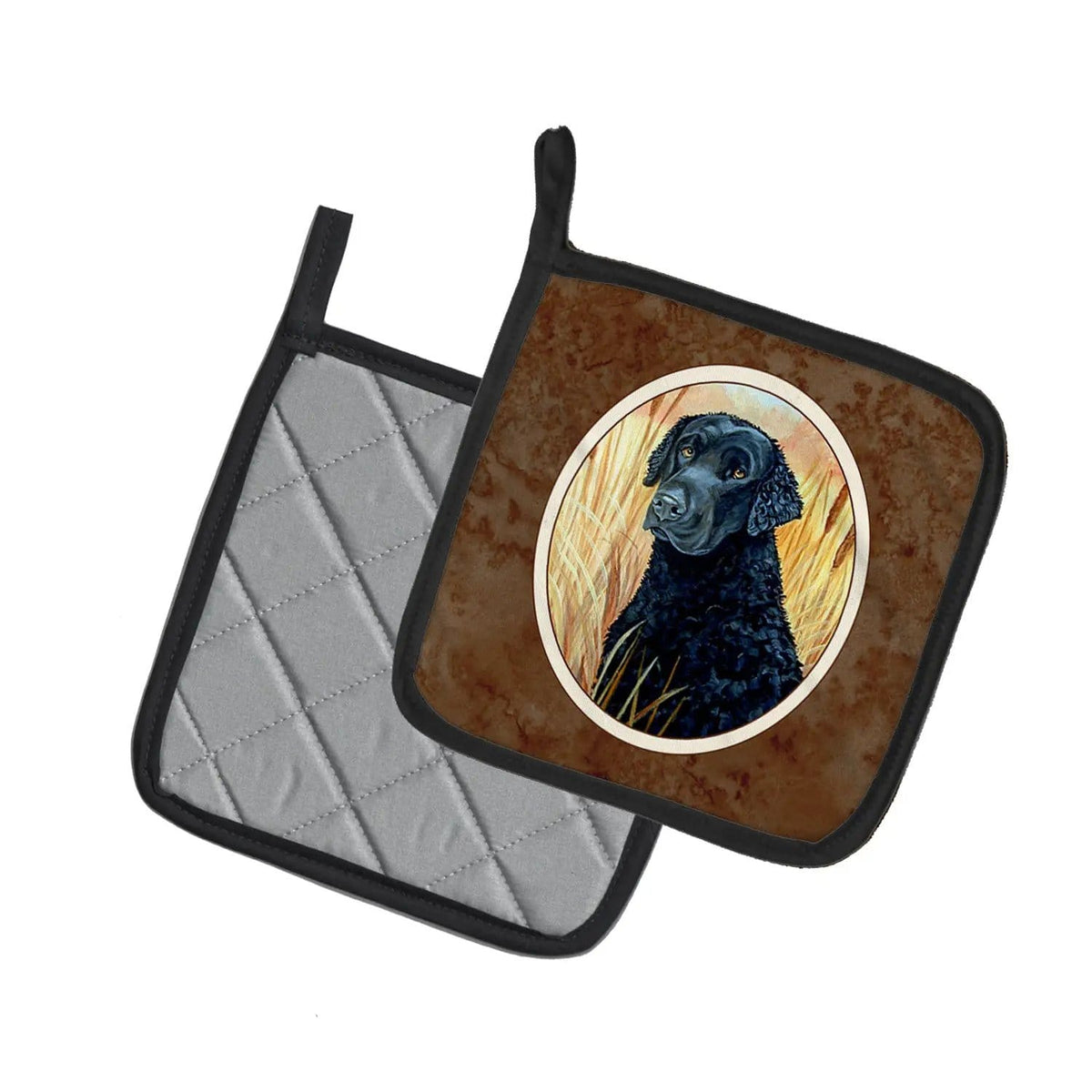 Pot Holder Set of 2 | Heat Resistant Quilted Hot Pads | 7.5 x 7.5 Inch | Curly Coated Retriever (Style 3)