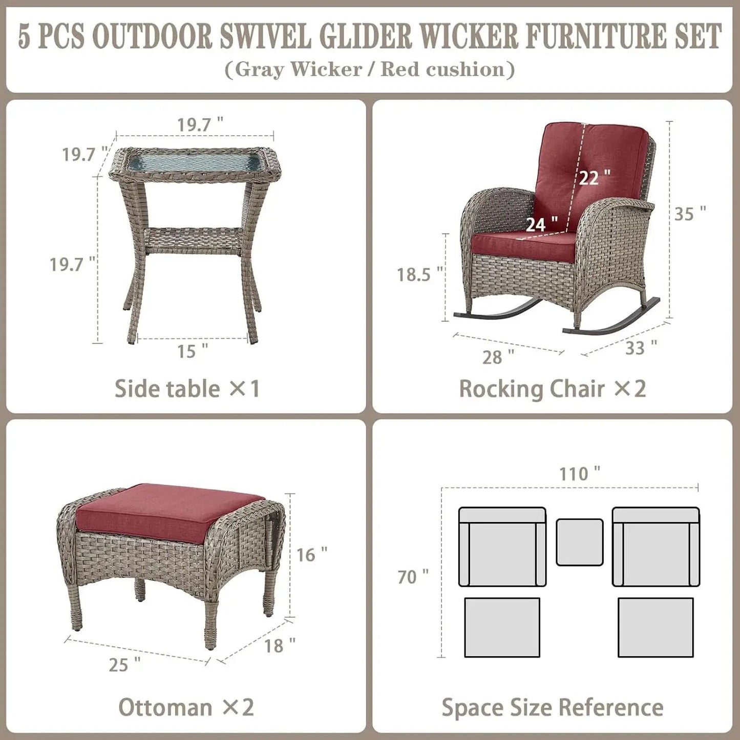 5 Piece Patio Rocking Chairs Set With Wicker Ottomans from PriceLows™