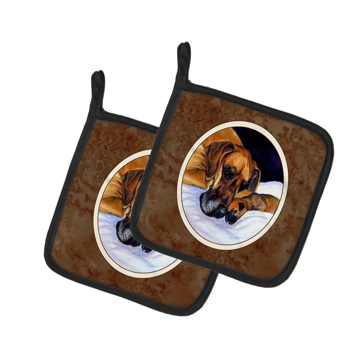 Pot Holder Set of 2 | Heat Resistant Quilted Hot Pads | 7.5 x 7.5 Inch | Natural Eared Fawn Great Dane Momma and Puppy
