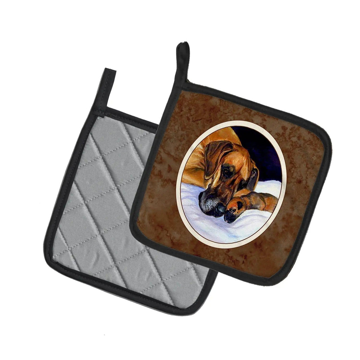 Pot Holder Set of 2 | Heat Resistant Quilted Hot Pads | 7.5 x 7.5 Inch | Natural Eared Fawn Great Dane Momma and Puppy