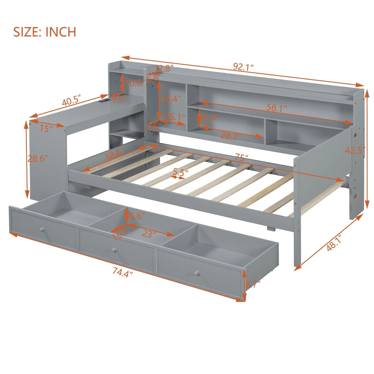 Pine Wood Daybed | 3 Drawers | USB Ports | Built-In Desk
