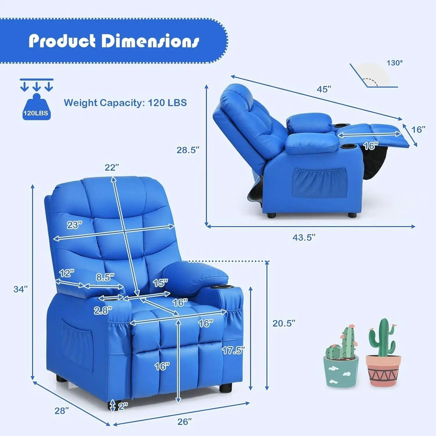 Blue Kids Recliner Chair With Cup Holder And Footrest from PriceLows™