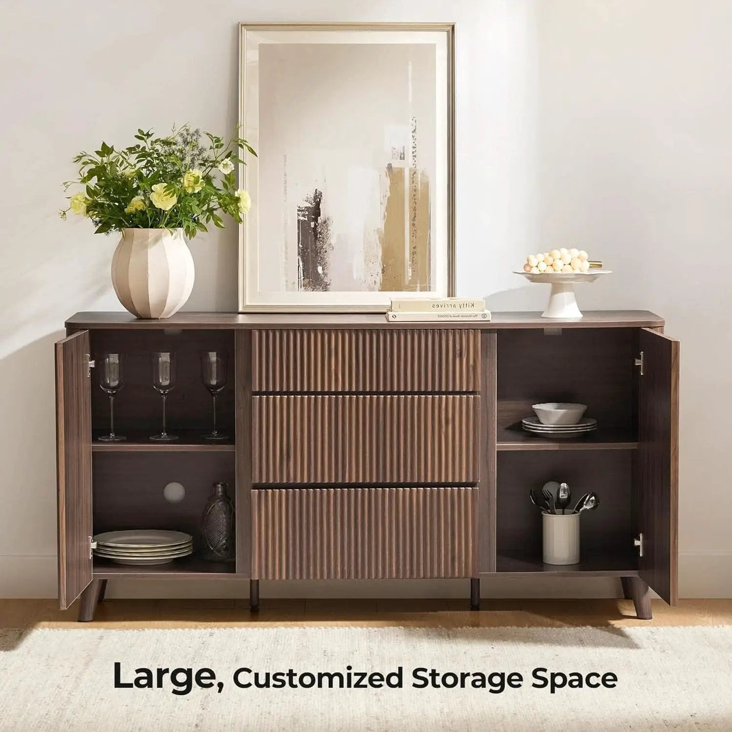 62 Inch Walnut Sideboard Buffet With Adjustable Shelves from PriceLows™