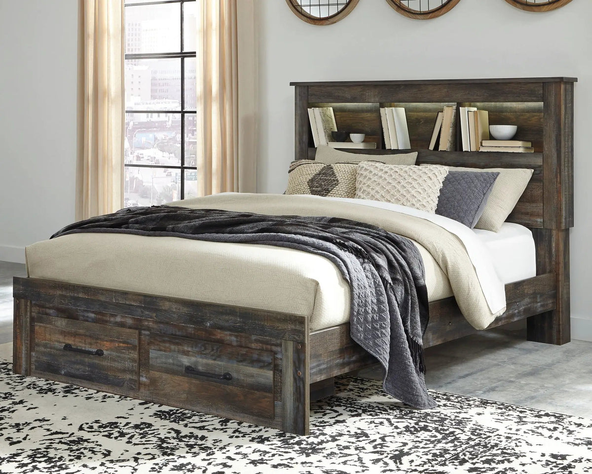 Drystan Panel Bookcase Bed | Storage Headboard | Rustic Industrial Style | 85 Inch Length