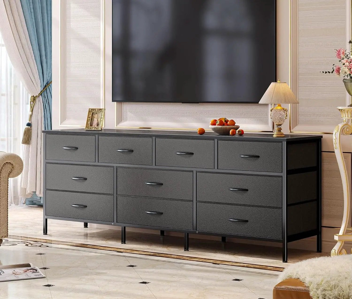 63 Inch TV Stand Dresser With 10 Fabric Drawers Black from PriceLows™