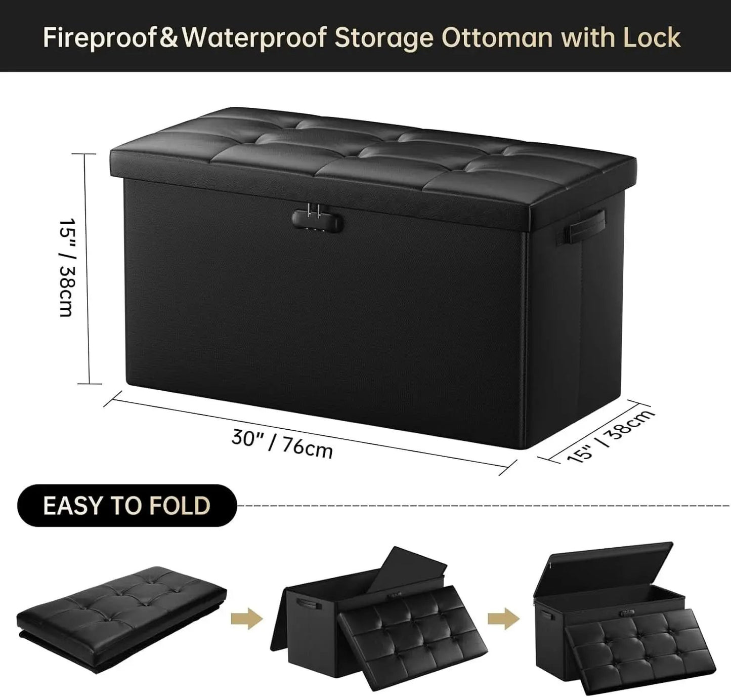 Storage Ottoman Bench 30 Inches Black Storage Lock Pro from PriceLows™