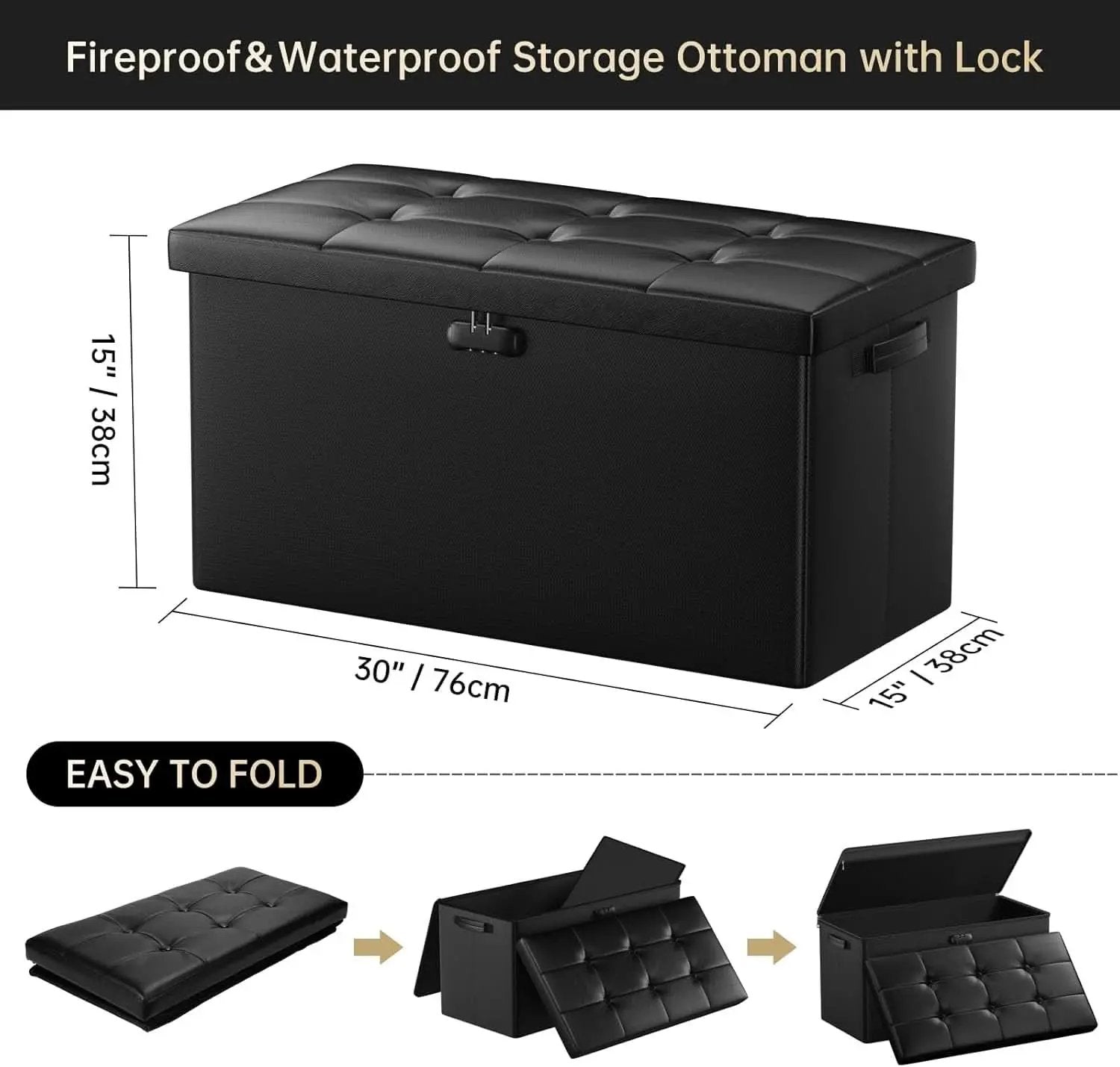 Storage Ottoman Bench 30 Inches Black Storage Lock Pro from PriceLows™