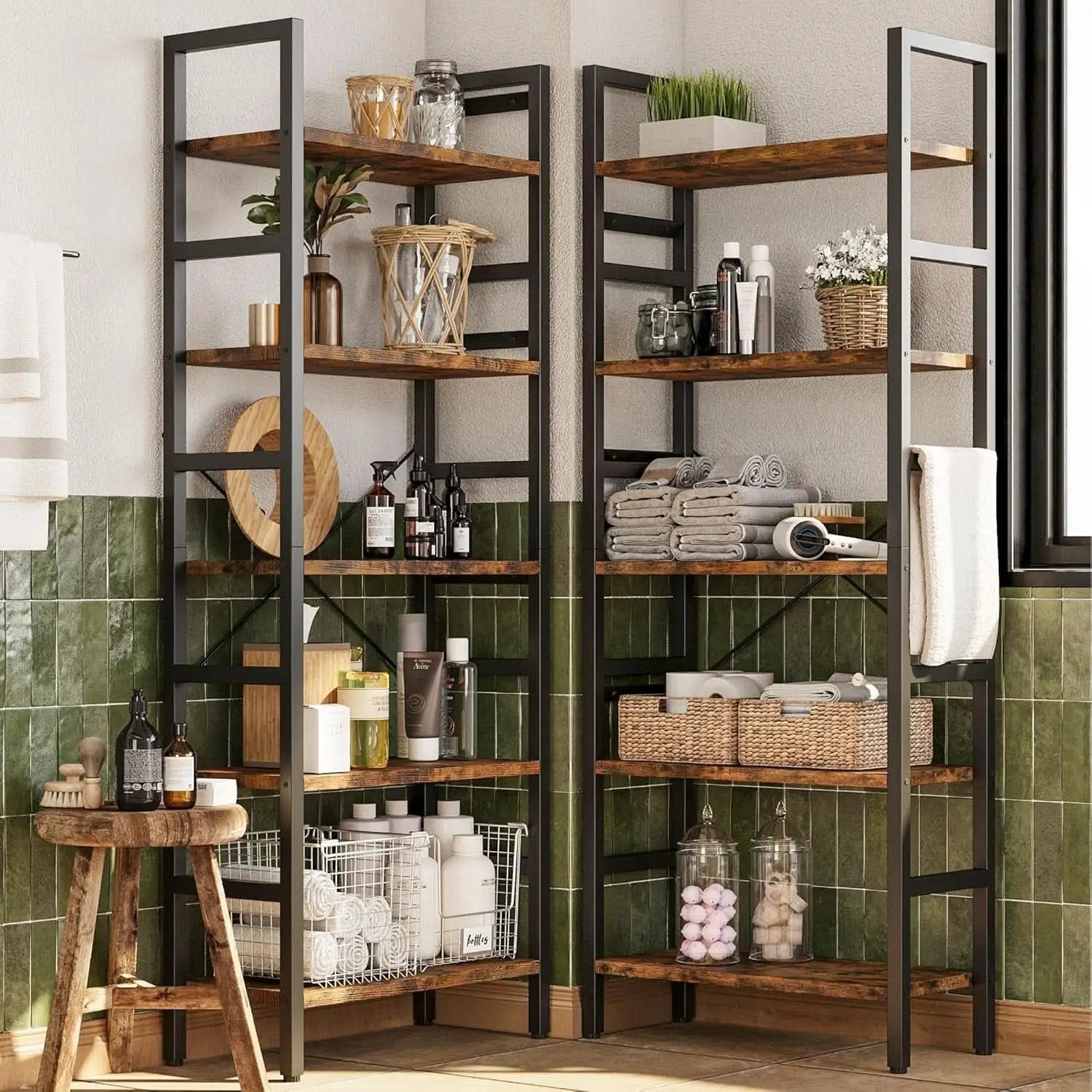 Rustic Brown 5 Tier Wooden Bookcase With Metal Frame from PriceLows™
