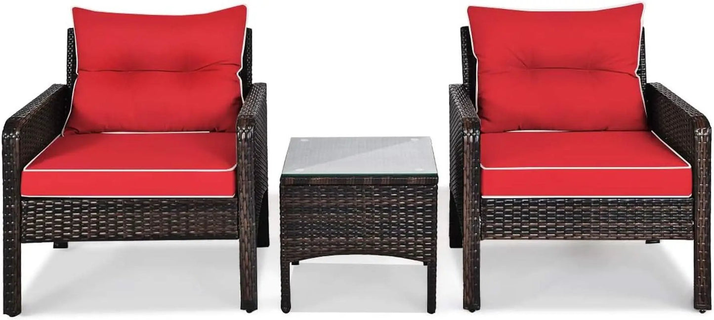 Red 3 Piece Outdoor Patio Furniture Set With Wicker Chairs And Glass Top Coffee Table from PriceLows™