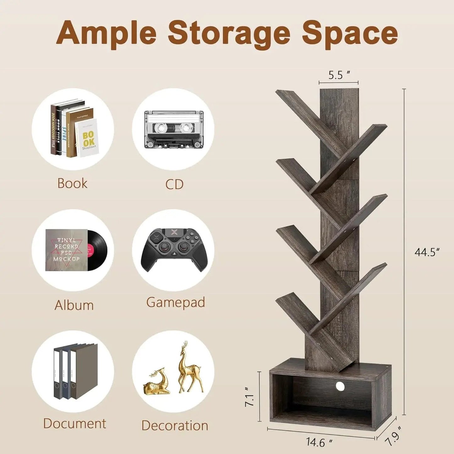6 Tier Tree Bookshelf Bookcase With Drawer Grey Office from PriceLows™