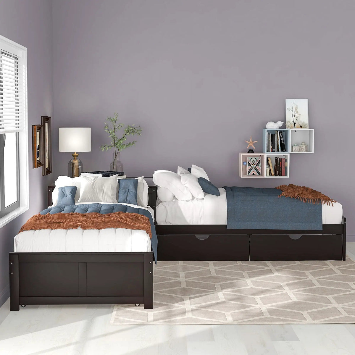 L Shaped Platform Bed | Built In Desk | Trundle With Drawers | Twin Size