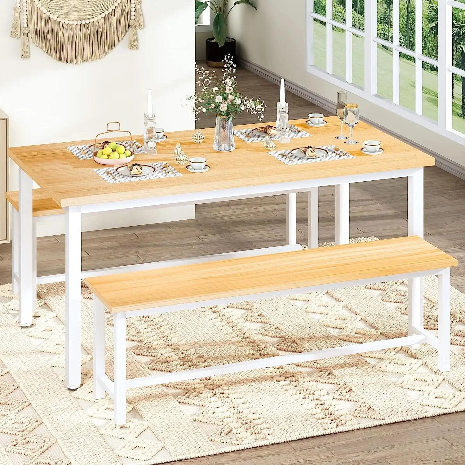 Counter Height Dining Table Set Gold White Benches from PriceLows™