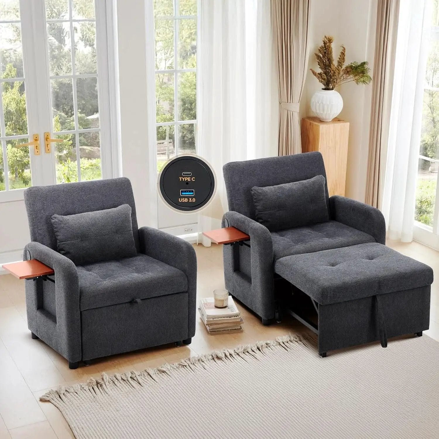 Convertible Sleeper Armchair Charcoal Gray USB Port from PriceLows™