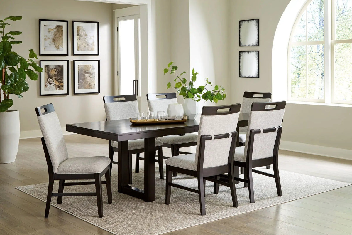 Neymorton 7-Piece Dining Set | Rectangular Extension Table | 6 Side Chairs | Dark Grayish Brown