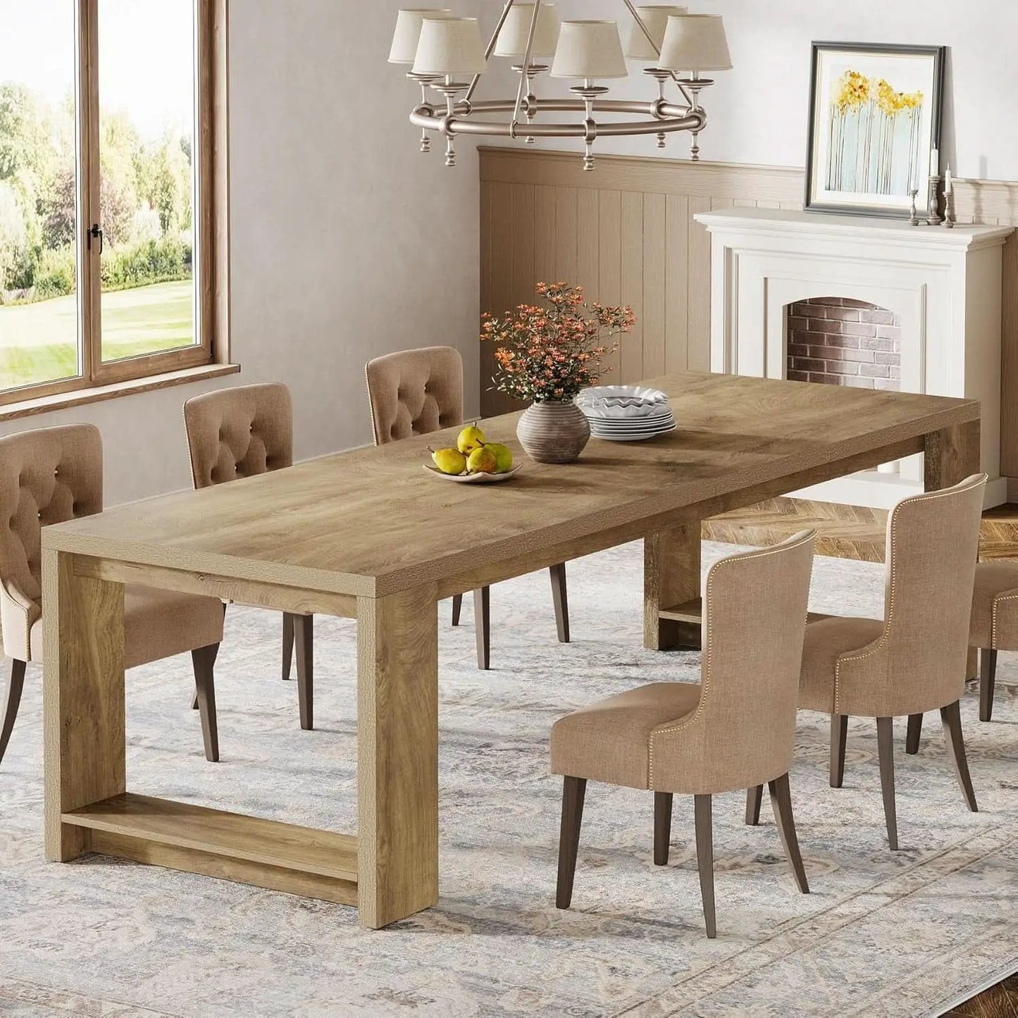 Oak 86 Inch Long Narrow Dining Table With Pedestal Base from PriceLows™