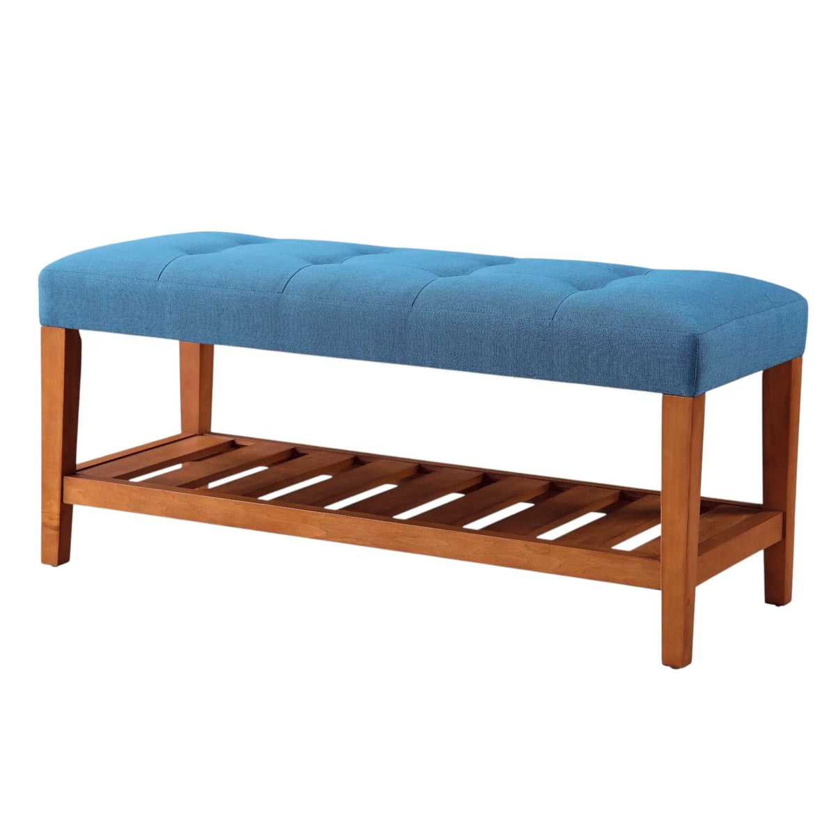 Charla Upholstered Bench | Tufted Fabric Seat | Oak Color Scheme | Armless Rectangular Design